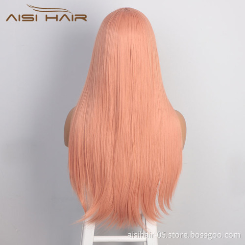 Aisi Hair Cosplay Long Silky Straight Pink Wig Natural Straight Swiss Lace Wig Middle Part Lace Frontal Wigs For Black Women